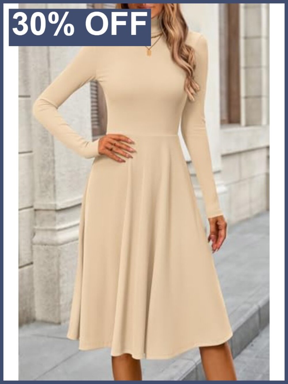 Womens Long Sleeve Turtleneck Midi A Line Dress Ribbed Knit Fall - Picture 2 of 6